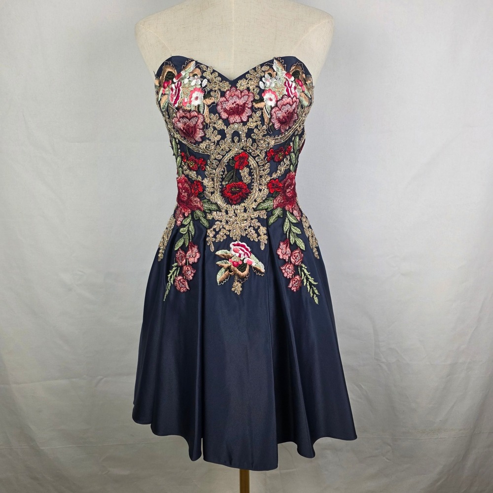 Blondie Nites Navy Blue Floral Embroidered‎ Corset Back Dress 1295BN Size 3